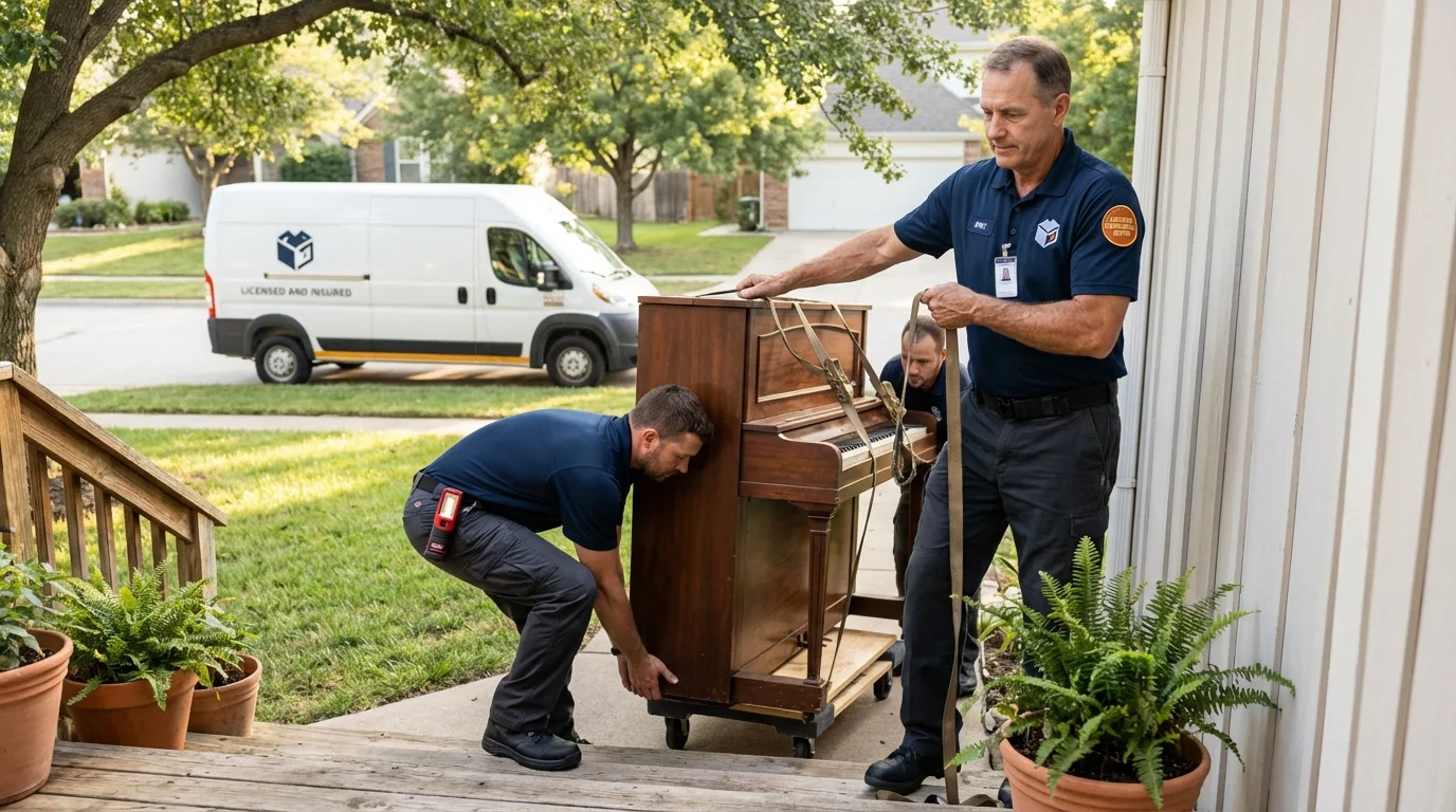 Licensed piano movers securing grand piano in Bald Knob, AR