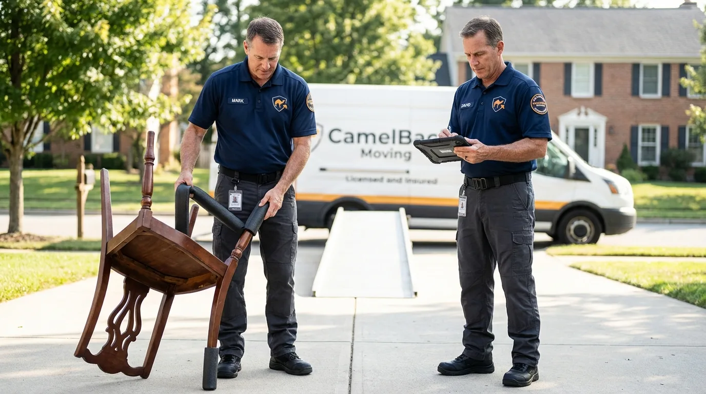 Movers inspecting furniture for damage prevention before loading in Bald Knob, AR