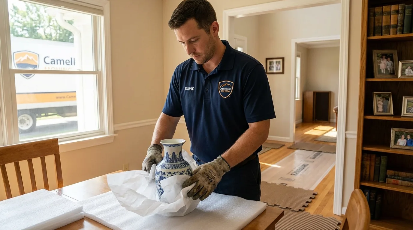 Professional crew carefully wrapping antique vase for senior downsizing move in Bald Knob, AR